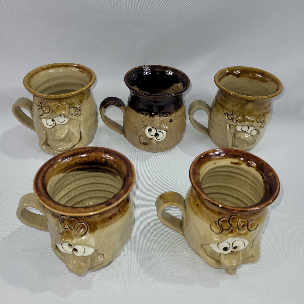Pretty Ugly Pottery Set 5 Mugs Vintage Goblin Face made Wales